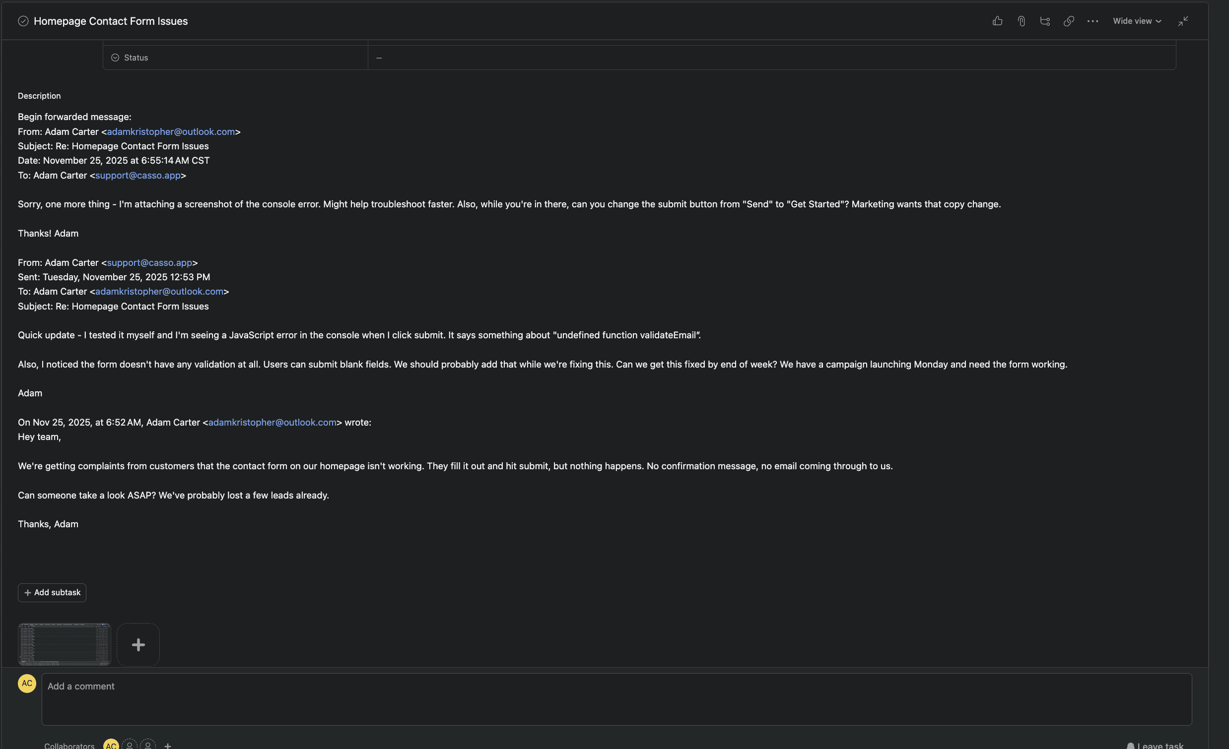 Native email-to-task dumps thread as blob text
