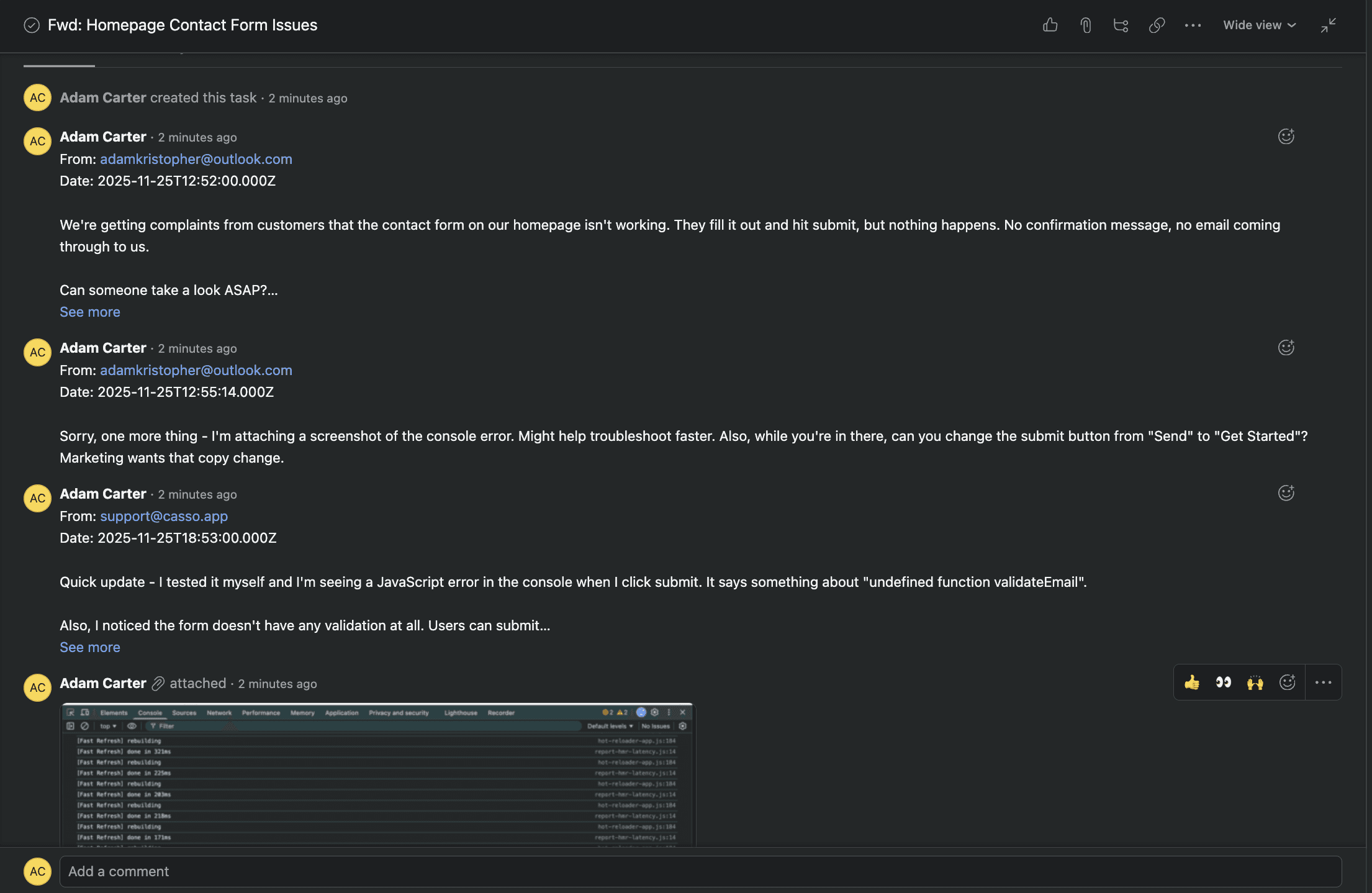 Casso parses email thread into separate comments