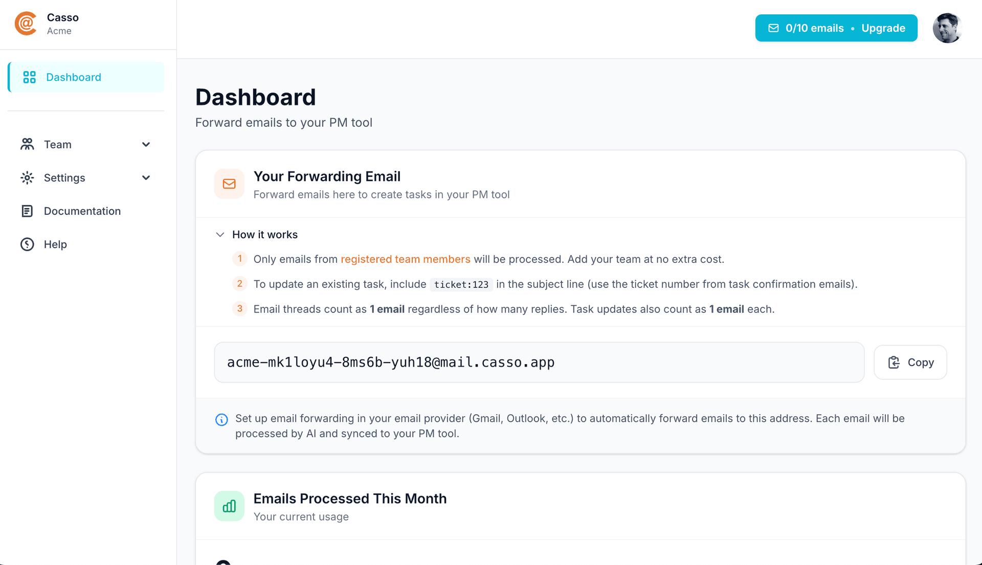Casso dashboard with forwarding email
