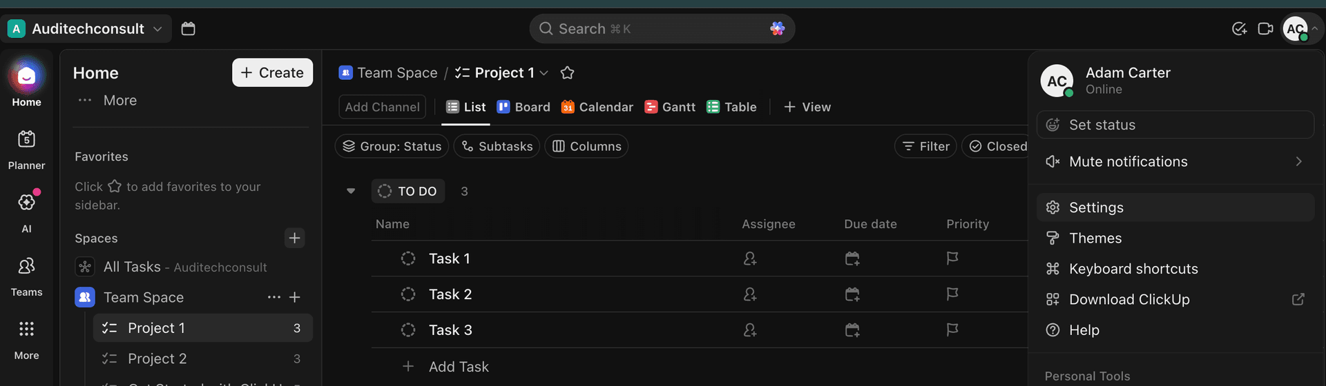ClickUp settings menu