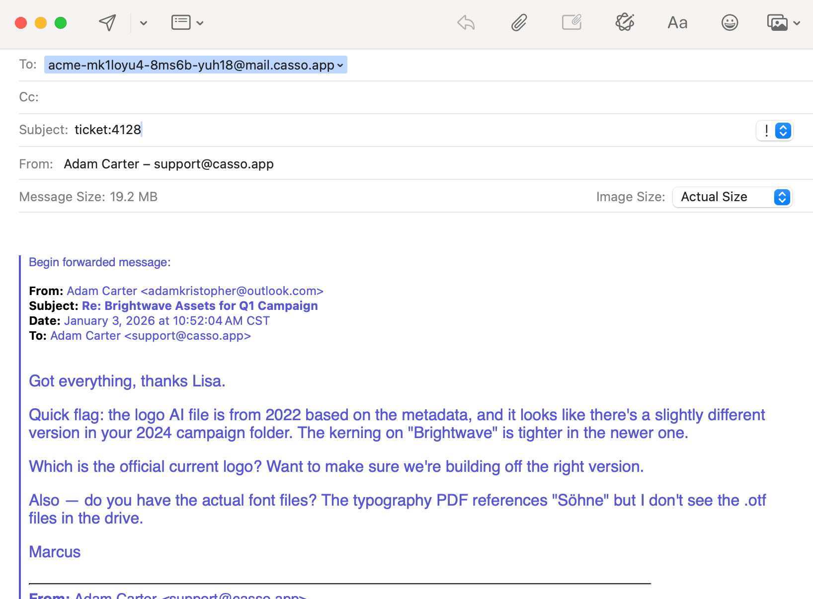 Forwarding email to existing task