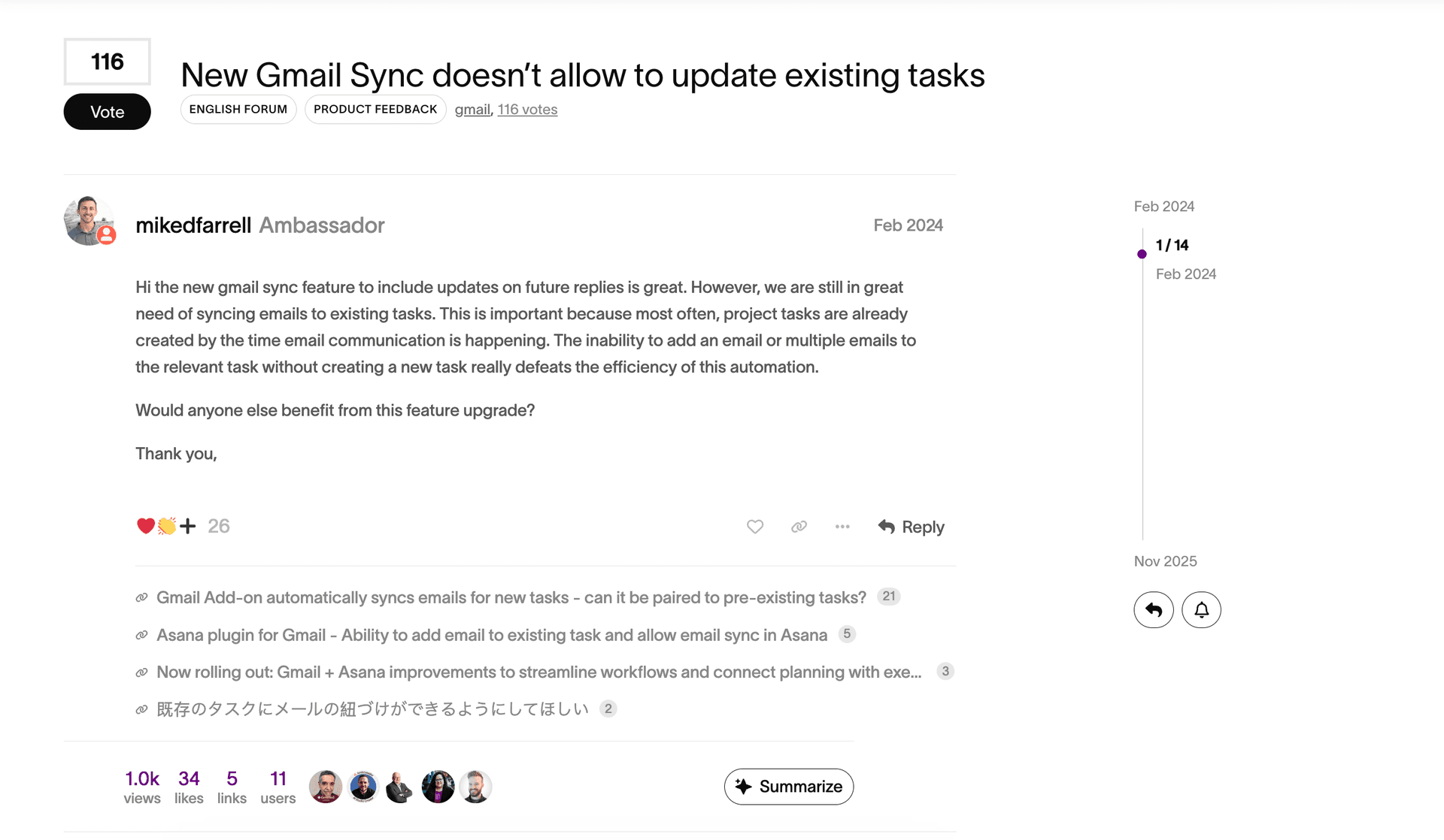 Asana forum thread showing 116 votes on feature request for updating existing tasks from Gmail, titled New Gmail Sync doesn't allow to update existing tasks