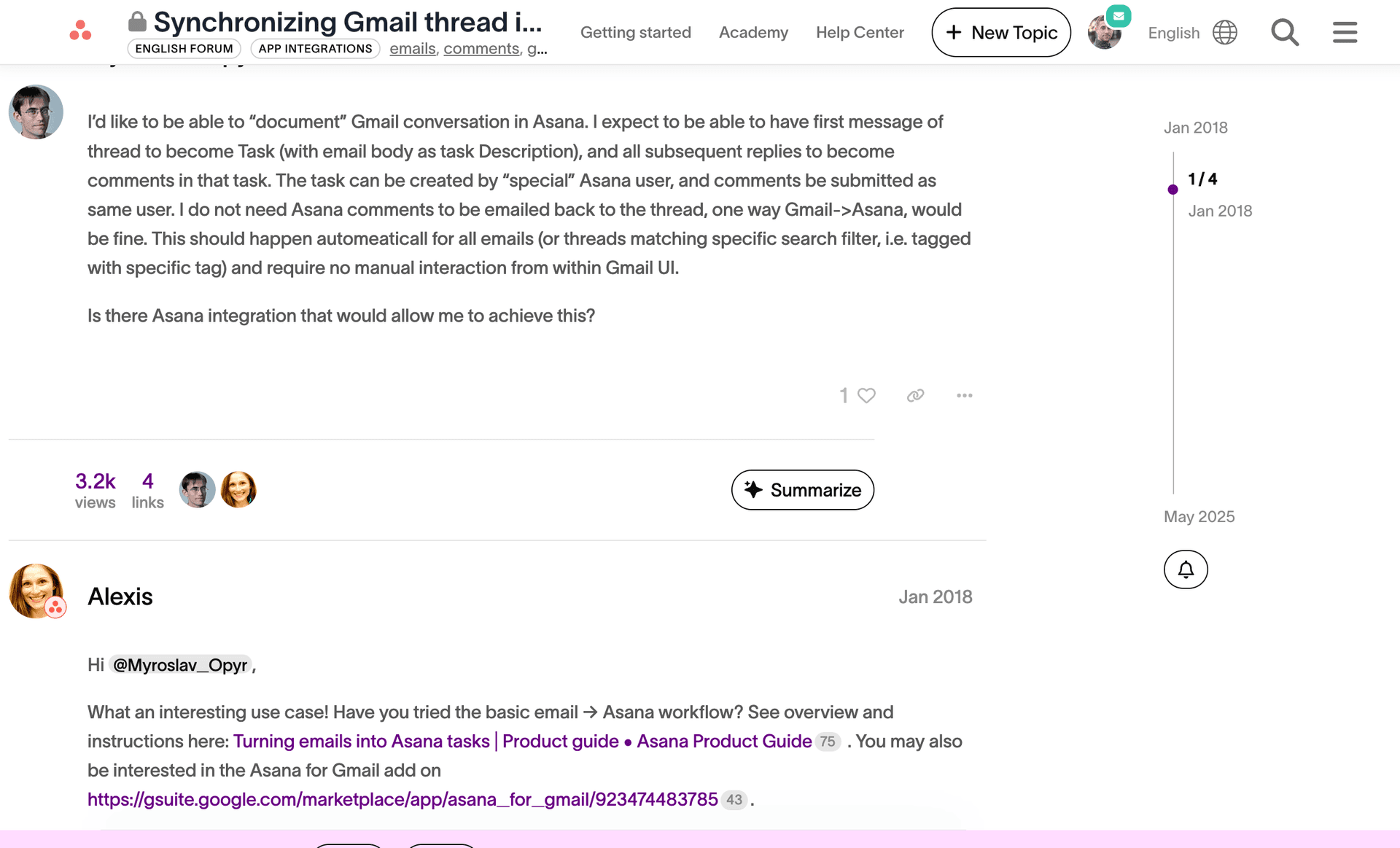 Asana forum thread from January 2018 requesting Gmail thread synchronization feature with 3.2k views
