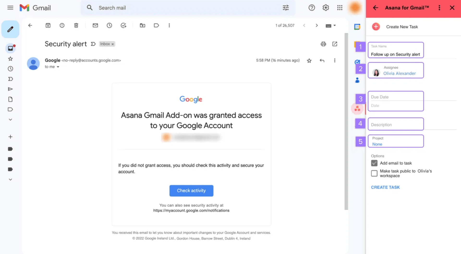 Asana Gmail add-on panel showing task creation form with fields for task name, assignee, due date, description, and project