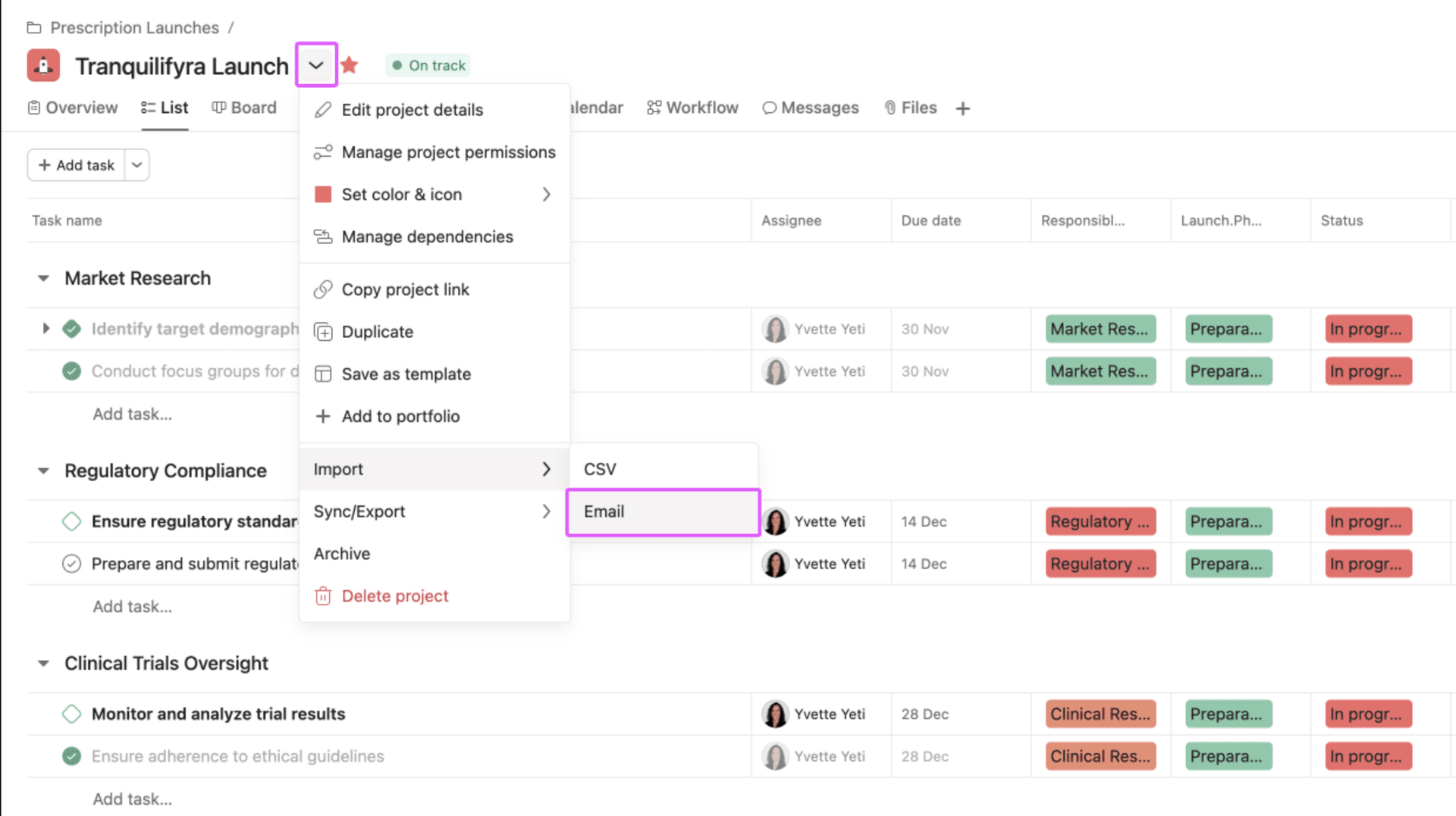 Asana project dropdown menu showing Sync/Export option with Email highlighted for finding project email address