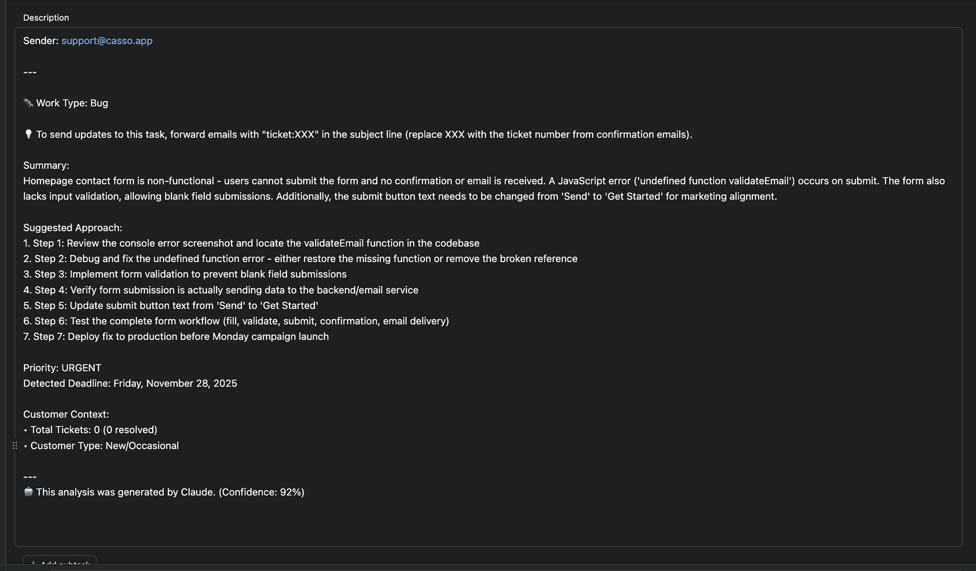 Casso AI-generated summary in Asana task showing work type, summary, suggested approach steps, priority level URGENT, and detected deadline