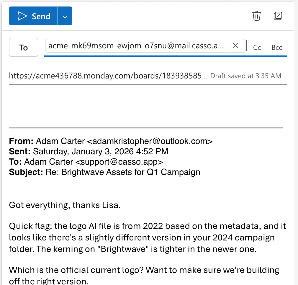Email being forwarded to Casso with Monday.com task URL in the subject line