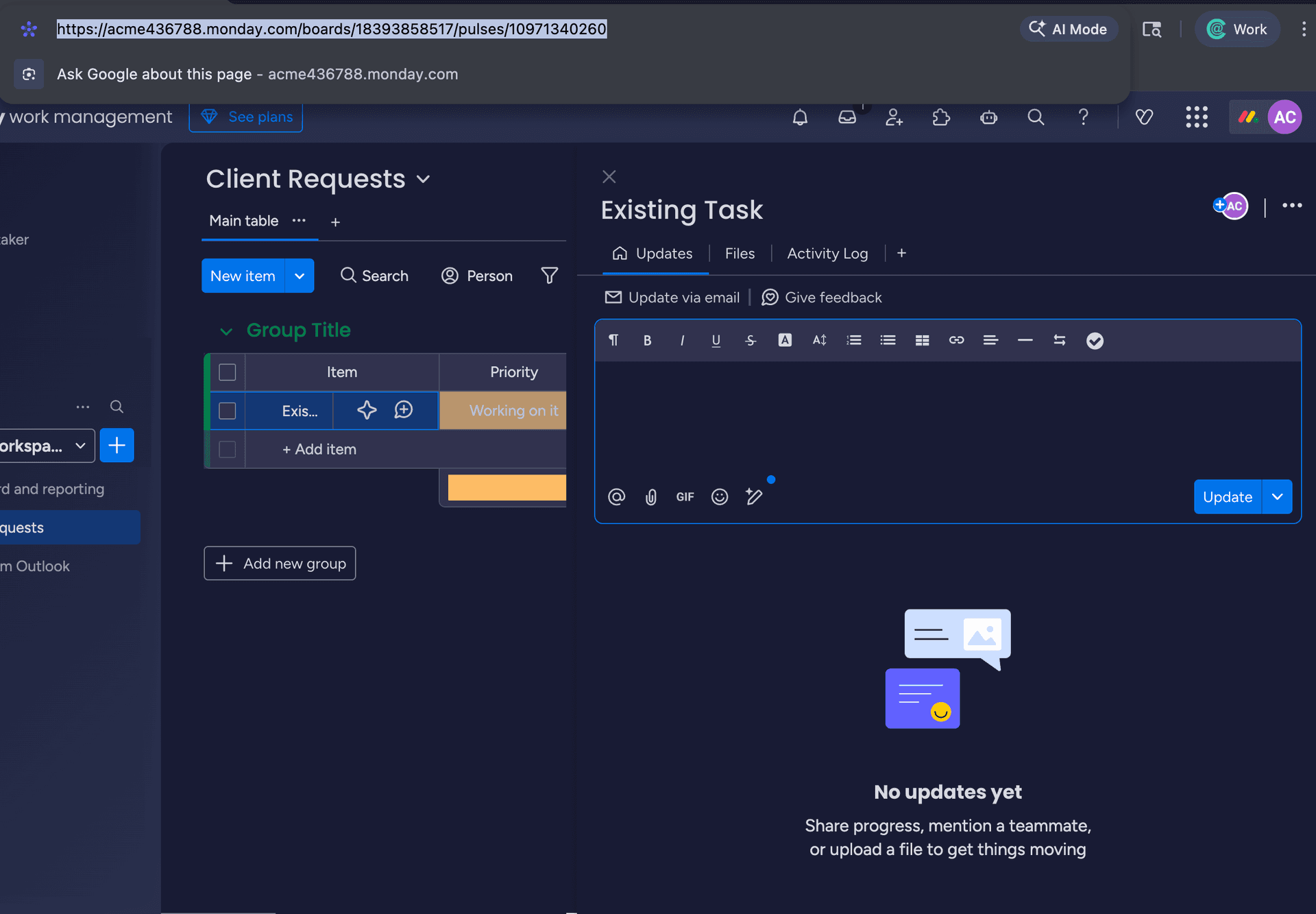Monday.com task showing the URL in the browser address bar