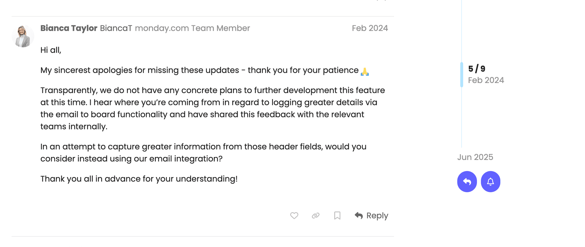 Bianca Taylor from Monday.com stating they have no concrete plans to develop this feature