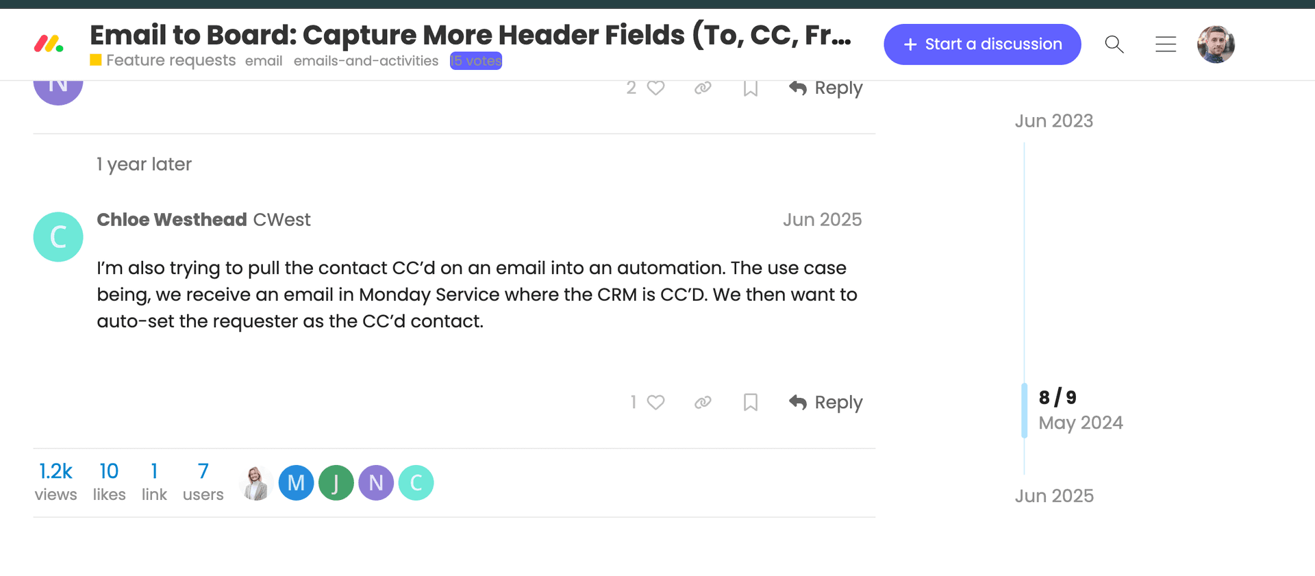 Monday.com forum thread requesting ability to capture email header fields