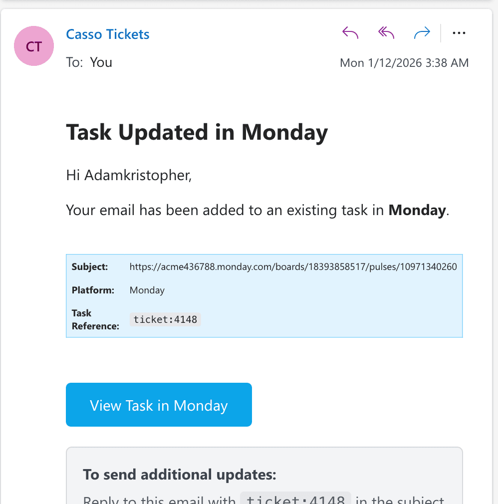 The email content displayed in the Monday.com task update