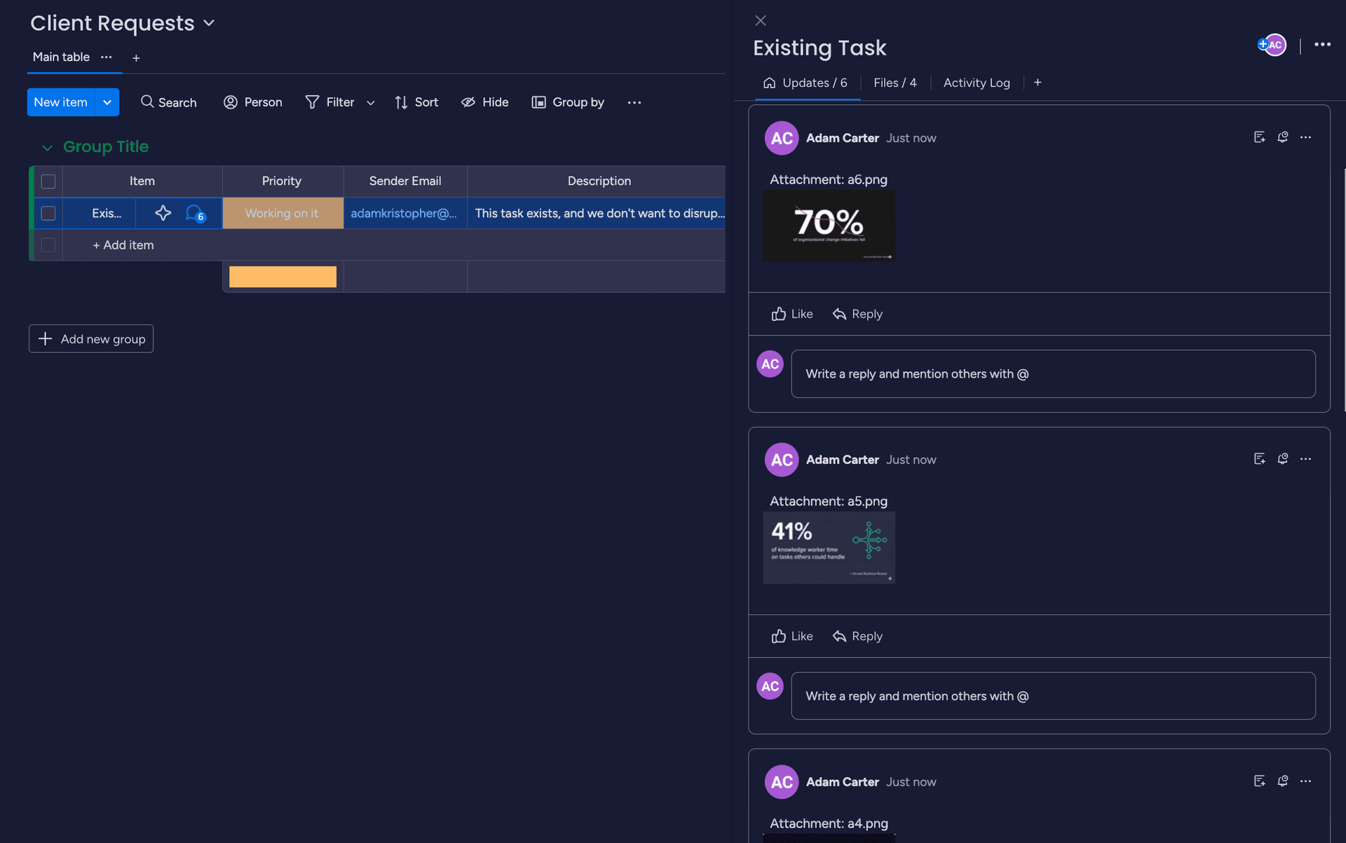 Monday.com task updated with the forwarded email content